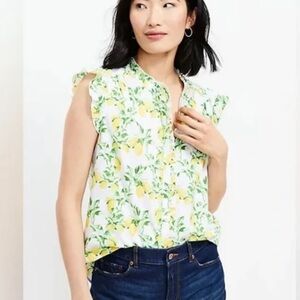 Loft Green Yellow Lemon Print Ruffle Sleeve Shirt Top Sz L